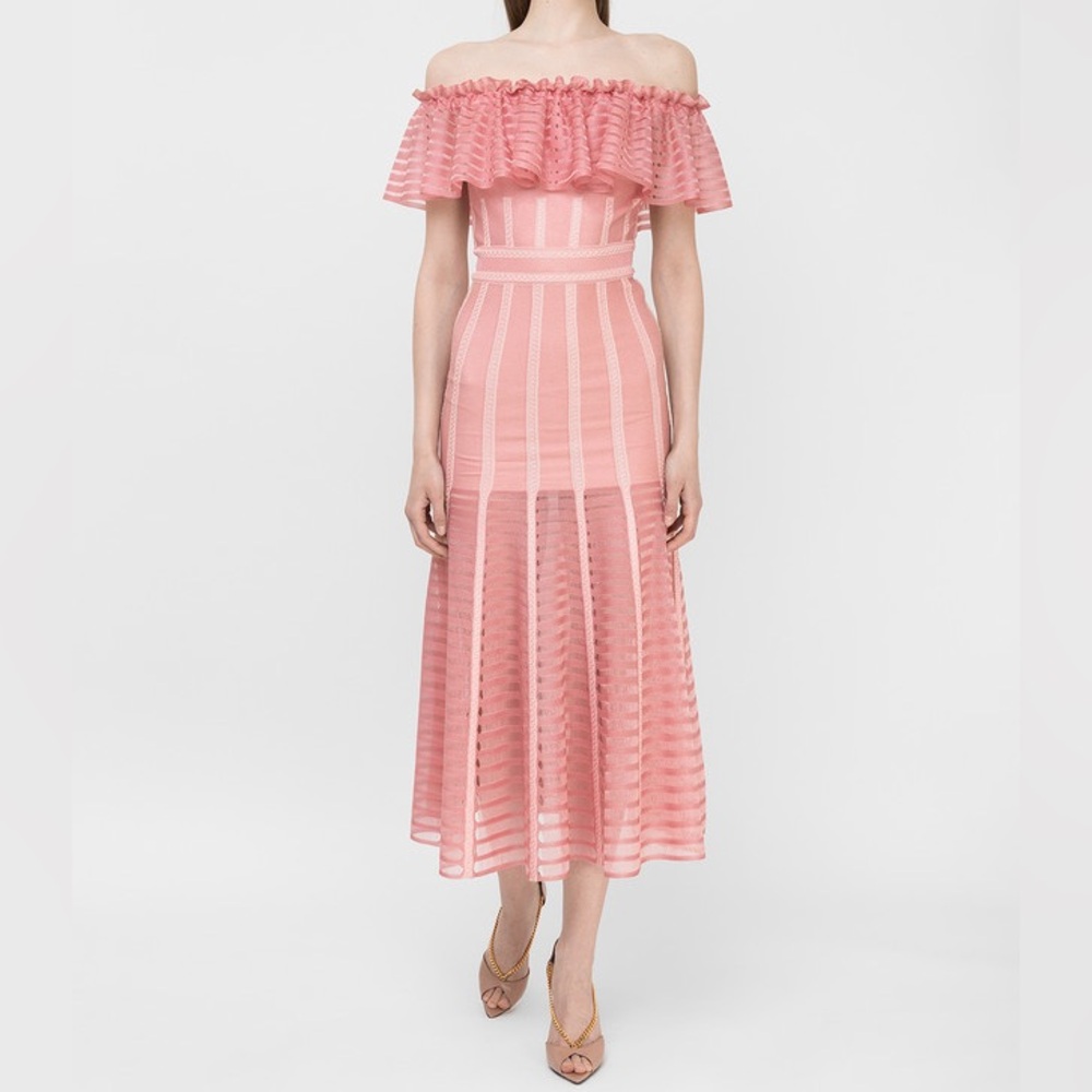 Alexander McQueen Sheer Knit Ruffled Off Shoulder Maxi Dress Pink NWT Size XL